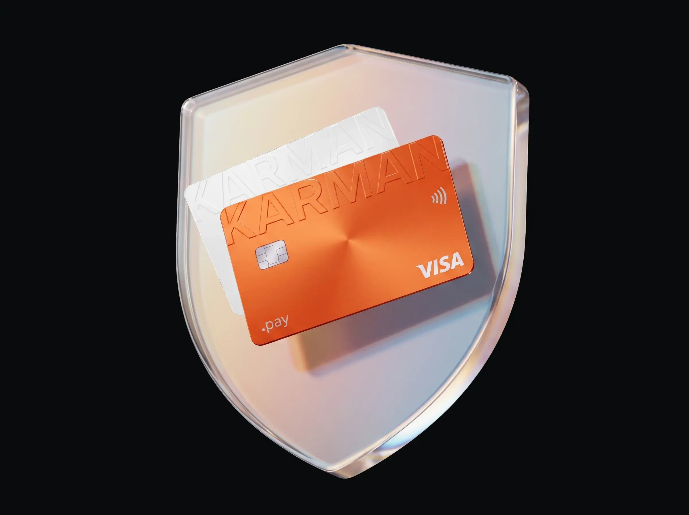 Стеклянный щит, внутри него две карты Karman.pay — белая и оранжевая